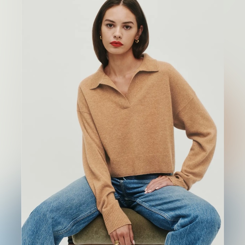 Reformation Cashmere Cropped Polo Sweater XS Beige Brown